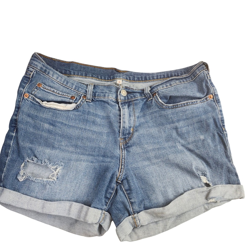 Levis Womens 31 Distressed Denim Shorts Medium Wash Cuffed Ripped Classic